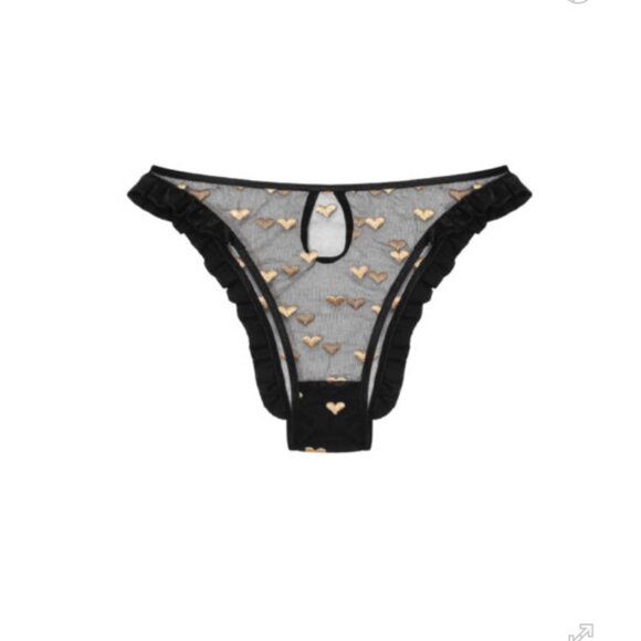Le Petit Trou Ruffled Triangle Silk Bra (S) Black with Gold Hearts & Panty (M) - Picture 1 of 2